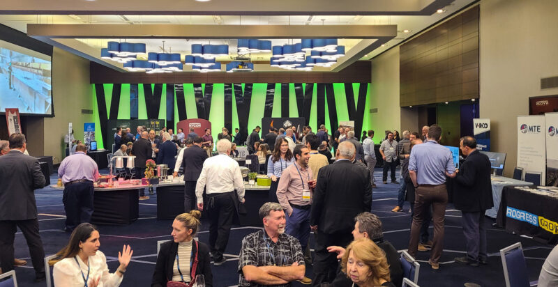 Attendees network and visit exhibitor booths during the CCPPA and CPCI Fall Meetings in Montreal, featuring supplier displays, industry discussions, and presentations highlighting innovation in Canada’s precast concrete industry.