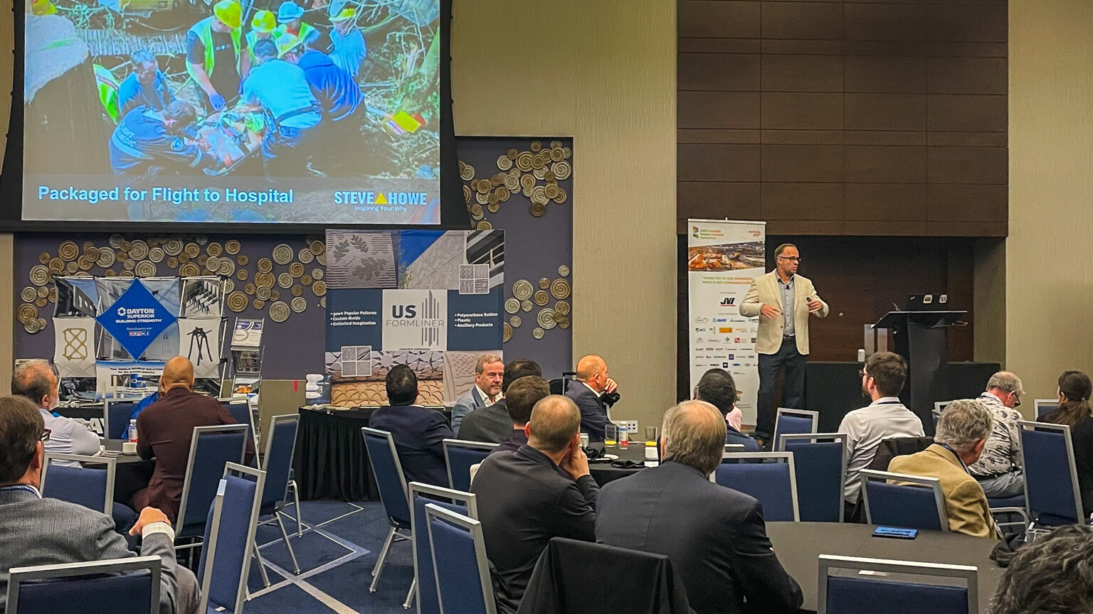 Workplace safety advocate Steve Howe delivers his keynote presentation at the 2025 CCPPA Fall Meetings in Montreal, sharing his personal story and insights on building a proactive safety culture in the construction and precast industry.